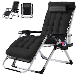 Anysun - Zero Gravity Reclining Chair - Camping Lounge with Cup Holder Trays & Removable Cushion for Indoor/Patio Use - Black