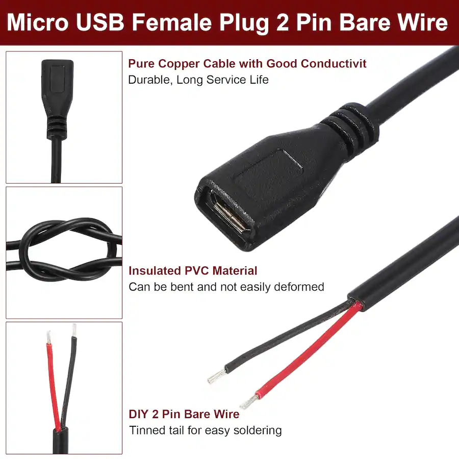 Unique Bargains Micro USB Female to 2 Pin Bare Wire Pigtail, 22AWG 12V ...