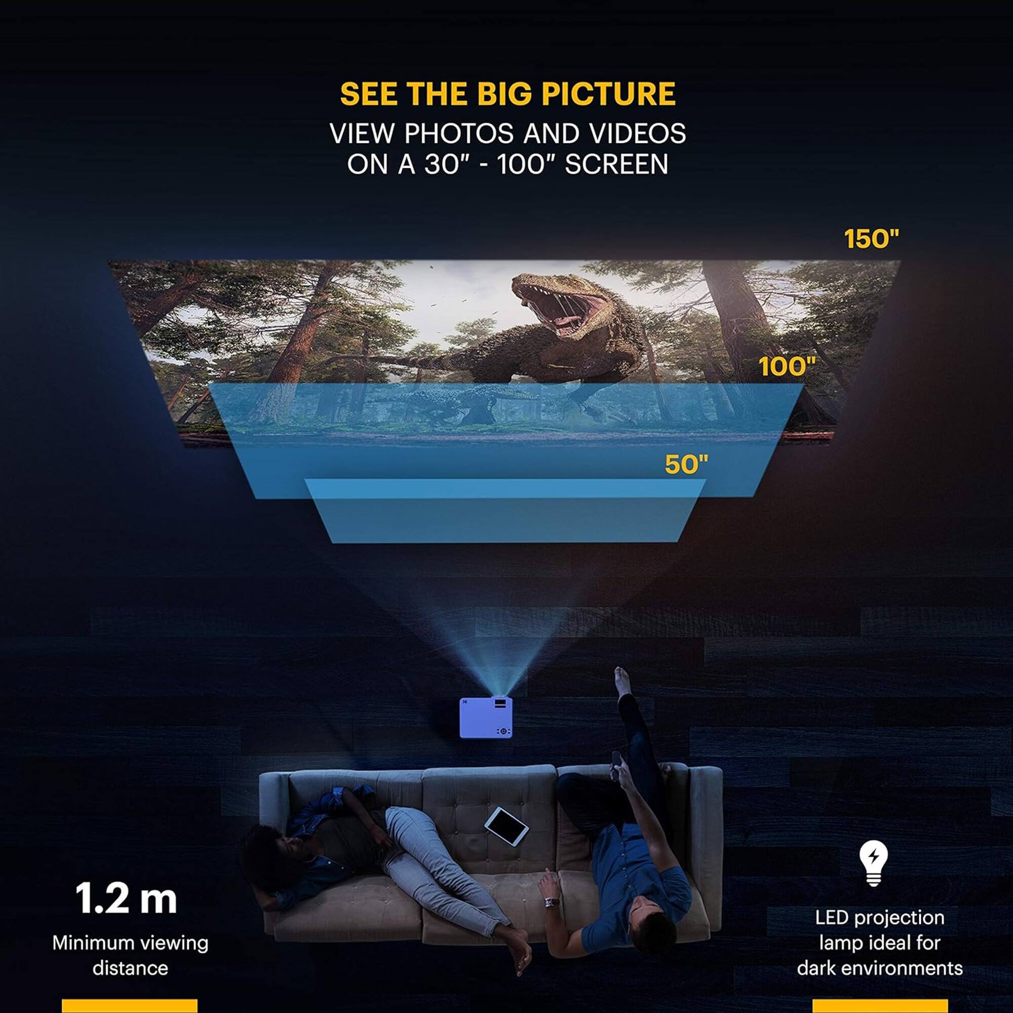 SEE THE BIG PICTURE VIEW PHOTOS AND VIDEOS ON A 30" - 100" SCREEN 1.2 m Minimum viewing distance LED projection lamp ideal for dark environments