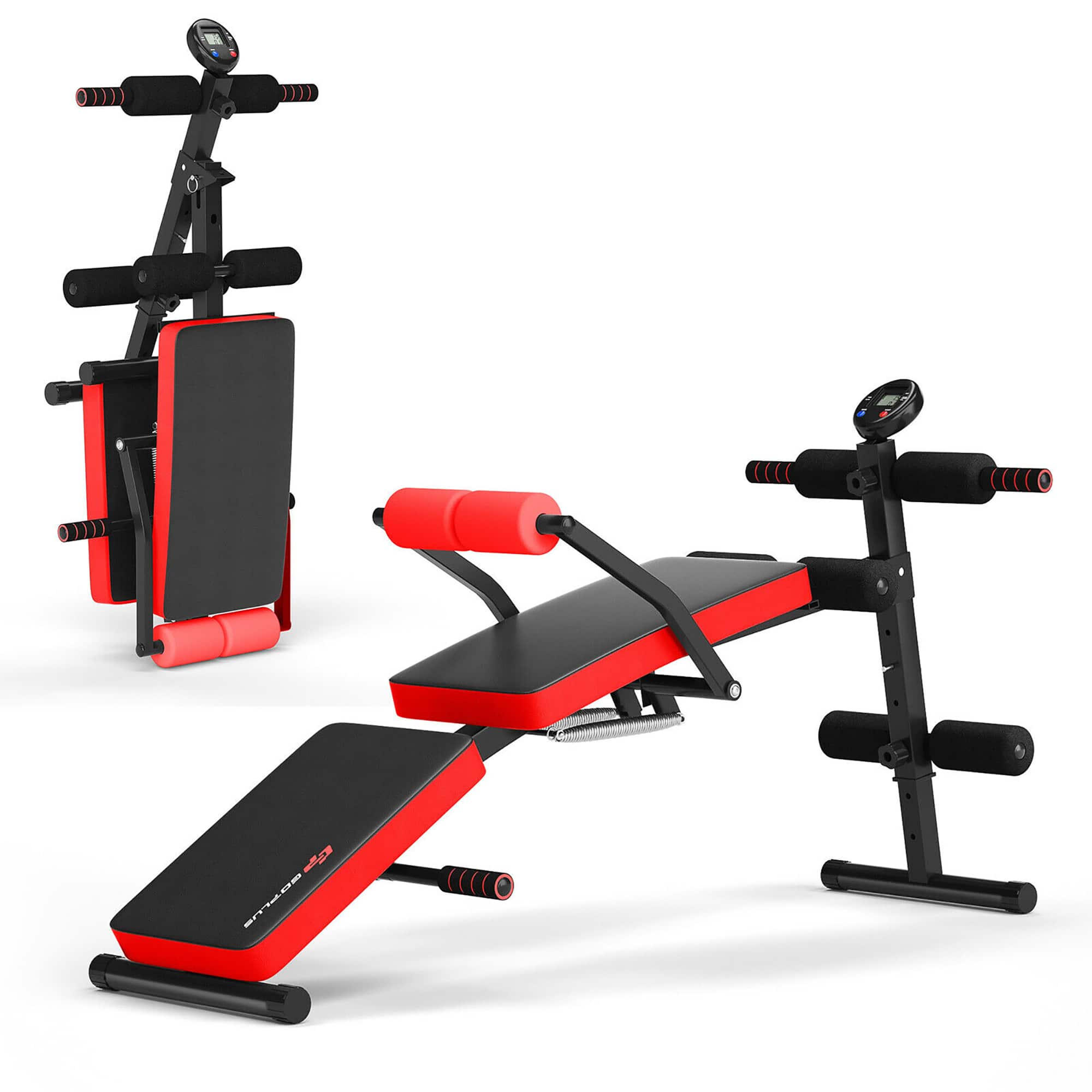 Front. Costway - Multi-Functional Foldable Weight Bench Adjustable Sit-up Board with Monitor - Red.
