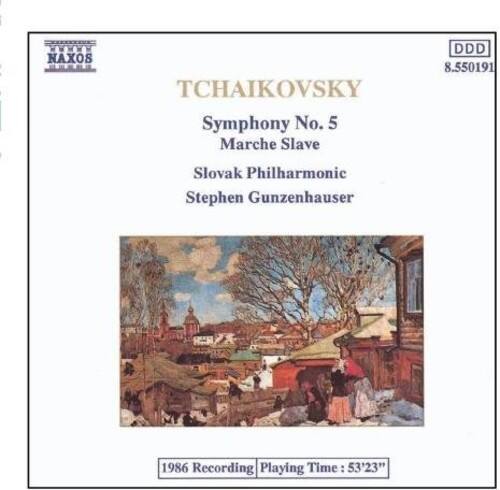NAXOS  
TCHAIKOVSKY  
Symphony No. 5  
Marche Slave  
Slovak Philharmonic  
Stephen Gunzenhauser  

1986 Recording  
Playing Time: 53'23"  

DDD  
8.550191