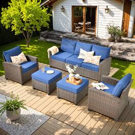 Ovios - 5 PCS Patio Furniture Set Comfy 3 Seat Sofa with Armchairs and Ottomans for Balcony - Navy Blue