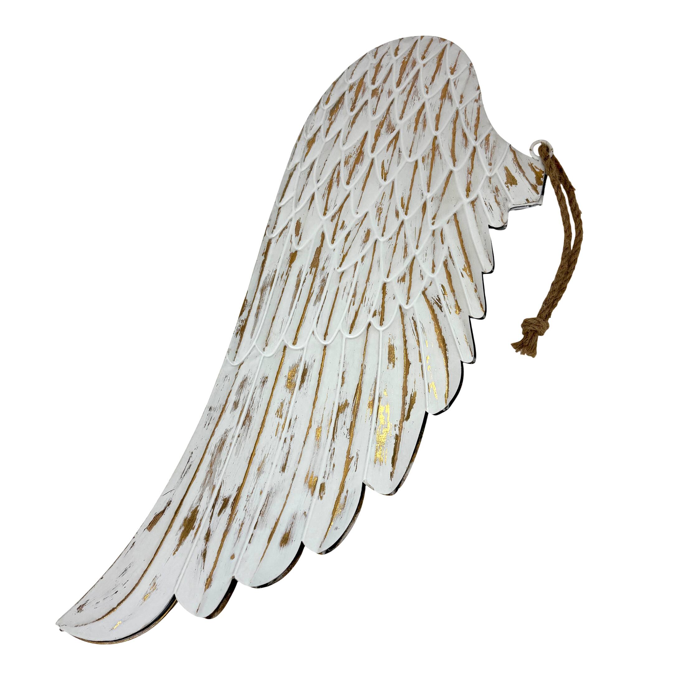 Alt View 10. Zeckos - Metal Angel Wings Wall Sculpture Distressed White with Gold Accents 34 Inch Wide - White.