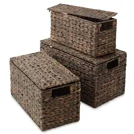 Casafield - 3pc Hyacinth Storage Baskets with Lids - Small - Medium - Large Bins - Espresso - Hyacinth