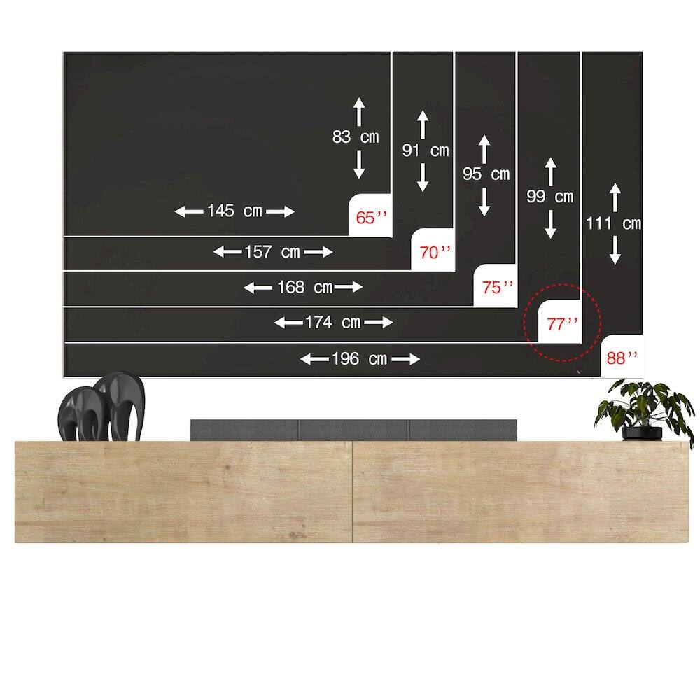 145 cm  
157 cm  
168 cm  
174 cm  
196 cm  

65"  
70"  
75"  
77"  
88"  

83 cm  
91 cm  
95 cm  
99 cm  
111 cm