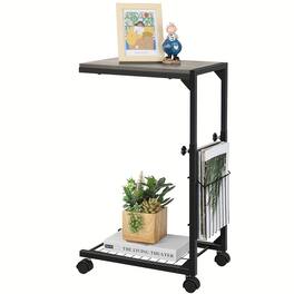 Oumilen - Adjustable Height Rolling Side Table with Storage Basket & Mesh Shelf - Gray