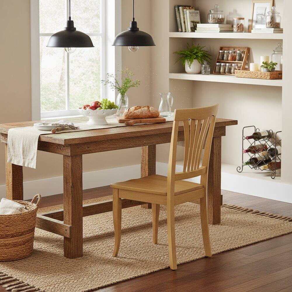 Back. FurniFact - Wood Seat Dining Chair Set of 2, Vertical Slatted Back Oak Finish Classic Design - Oak.