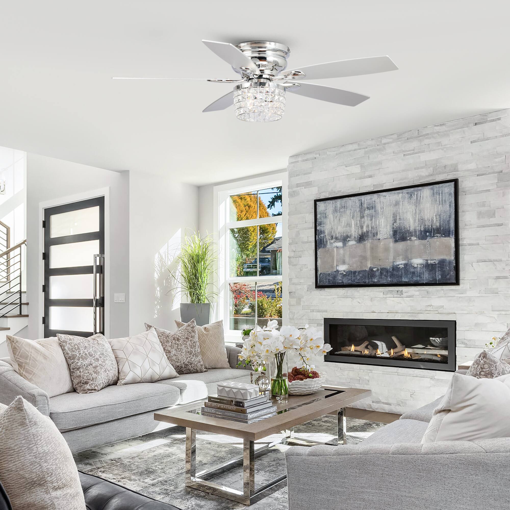 Alt View 1. Parrot Uncle - 52" Chrome Modern Crystal Flush Mount Ceiling Fan with Light Kit and Remote - Chrome.