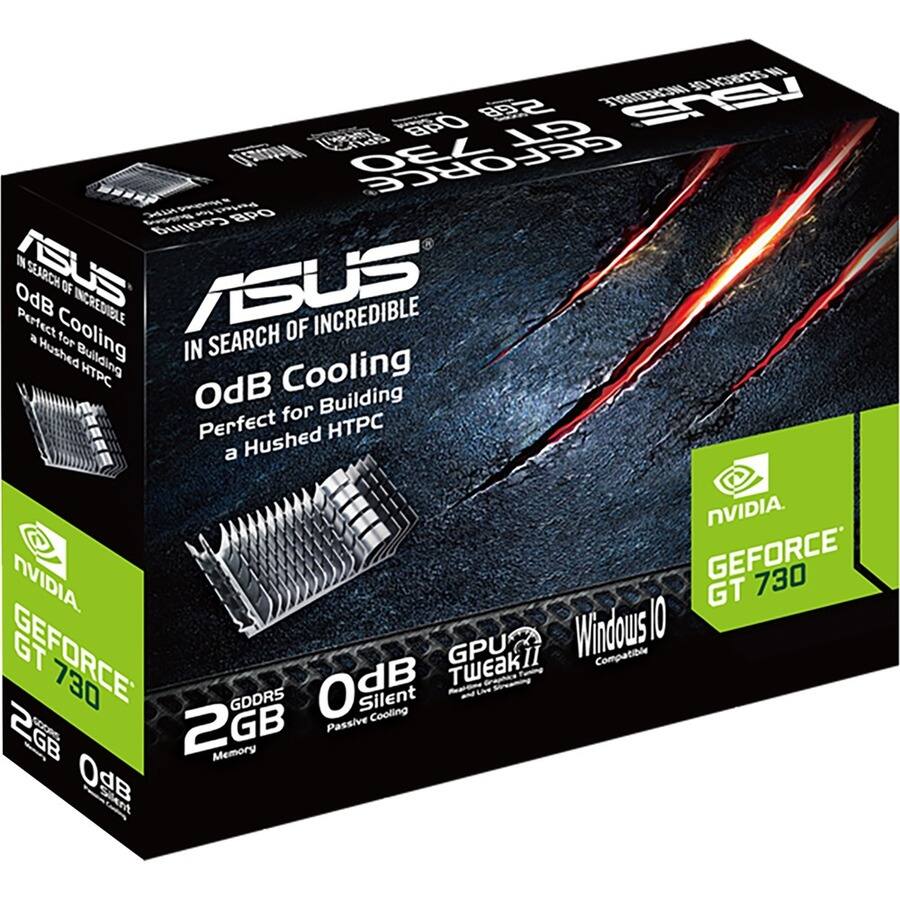 ASUS  
IN SEARCH OF INCREDIBLE  
OdB Cooling  
Perfect for Building a Hushed HTPC  

NVIDIA  
GEFORCE GT 730  
2GB GDDR5  
0dB Silent Cooling  
Passive  

GPU Tweak II  
Windows 10 Compatible