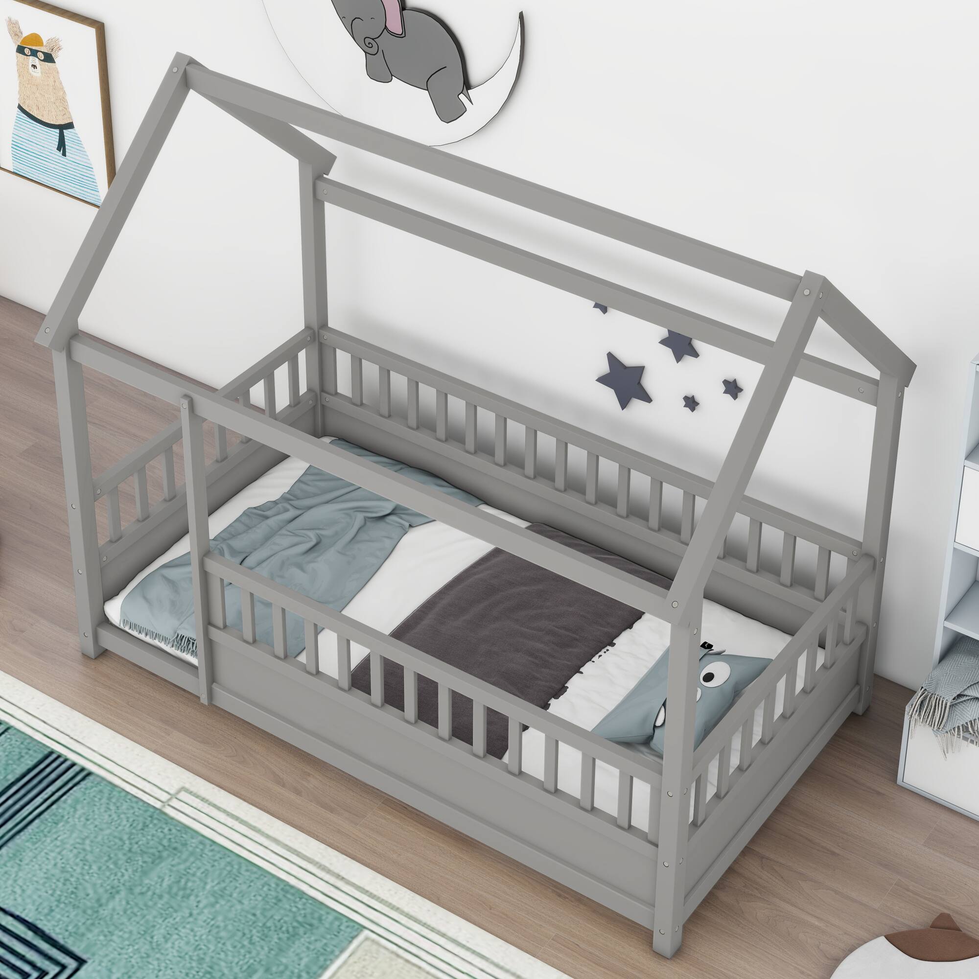 Alt View 1. GOODSILO - Twin Size Floor Bed with Playhouse Roof Design and Safety Guardrails for Children's Bedroom - Grey.