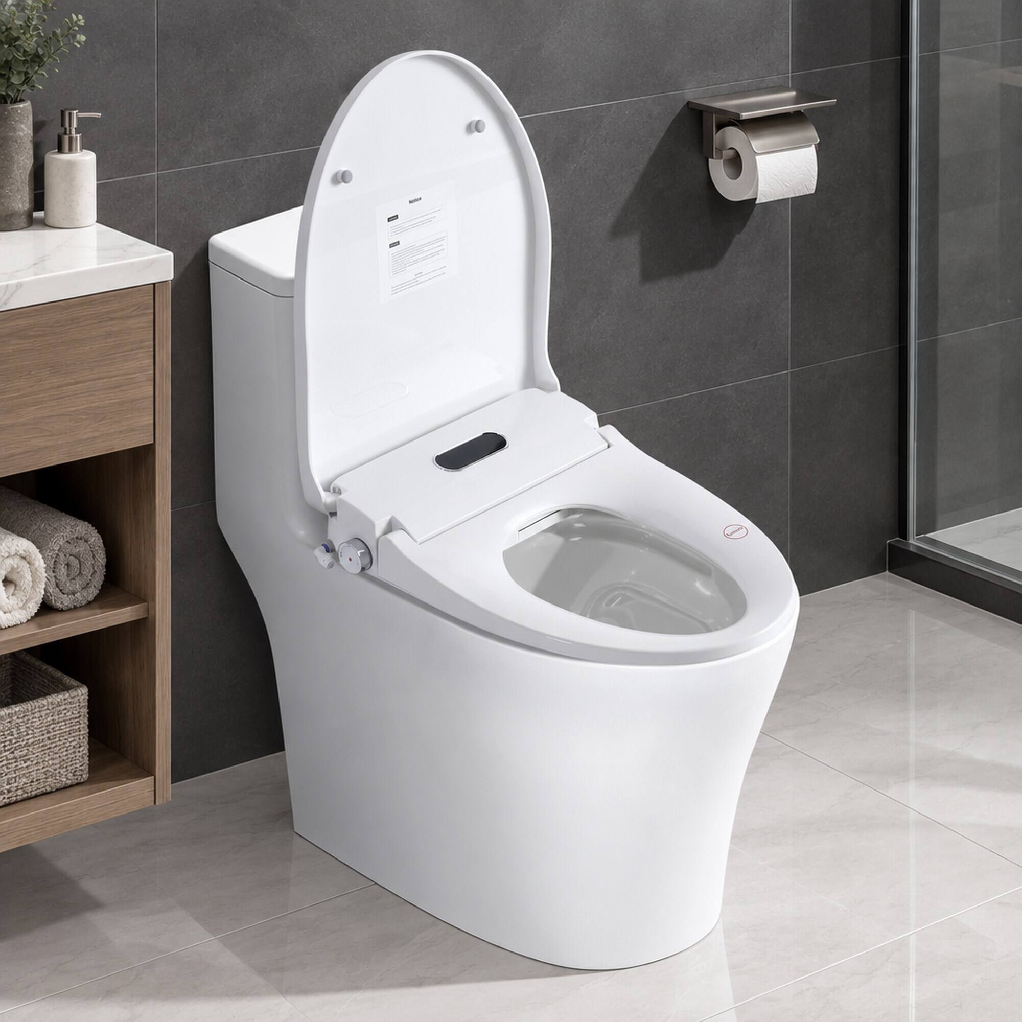 Back. RYHNUYNE - Smart Bidet Toilet Seat, Side Knob Heated Seat Water Temperature and Pressure Adjustment Auto Open and Close Night Light - White.