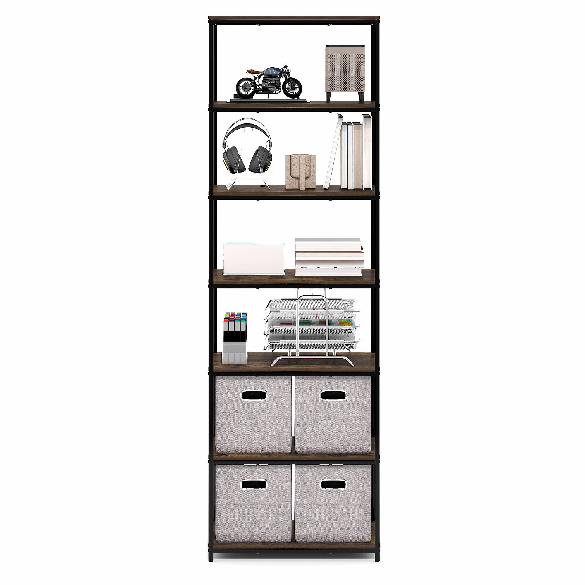 Alt View 3. Furinno - SIMPLISTIC Book Shelf, 7-Tier Bookshelf, Metal Frame Bookcases, Metal Storage Shelves, 11.8 x 23.6 x 74.9 - Amber Pine.