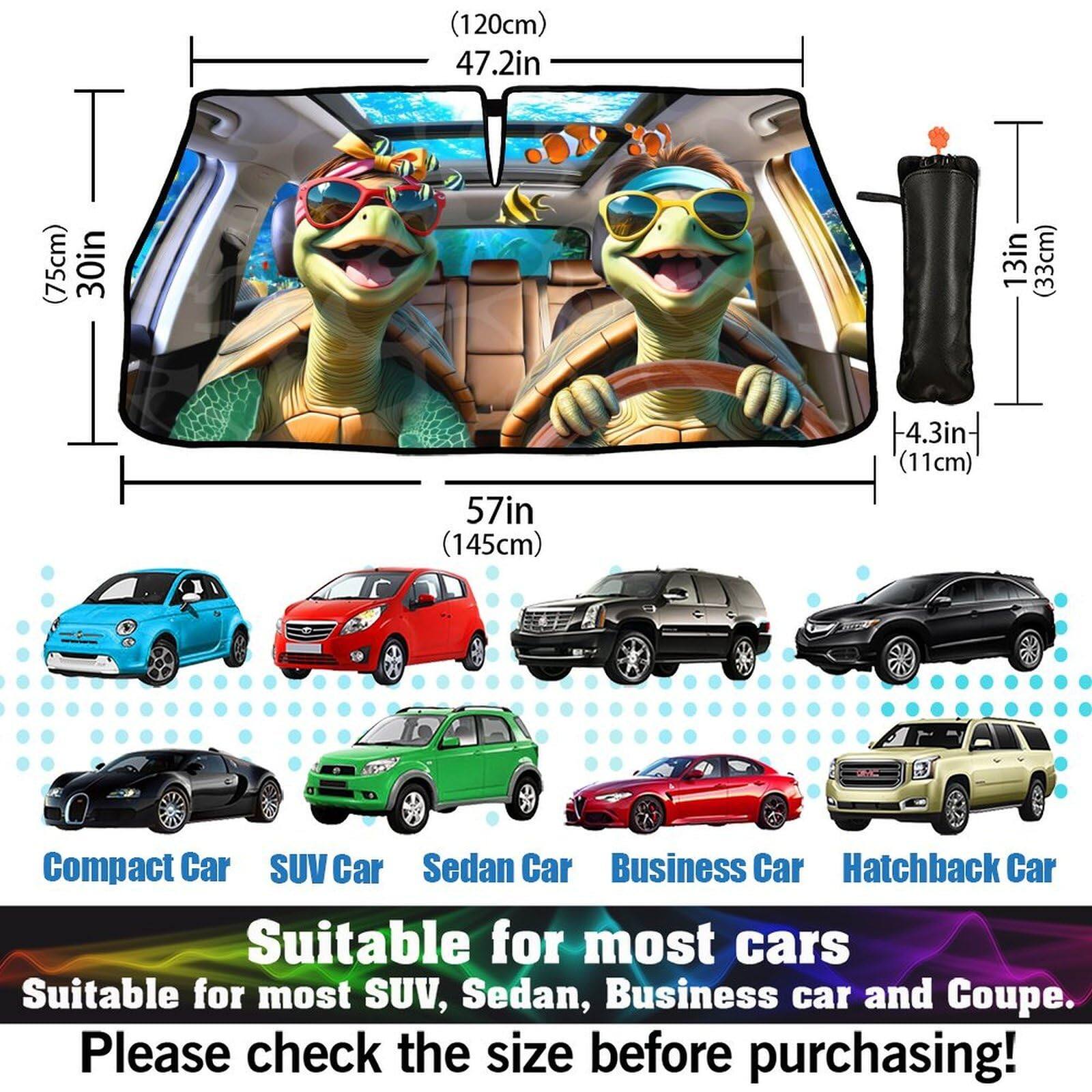 (120cm) 47.2in  
(75cm) 30in  
13in (33cm)  
57in (145cm)  
4.3in (11cm)  

Compact Car  
SUV Car  
Sedan Car  
Business Car  
Hatchback Car  

Suitable for most cars  
Suitable for most SUV, Sedan, Business car and Coupe.  
Please check the size before purchasing!