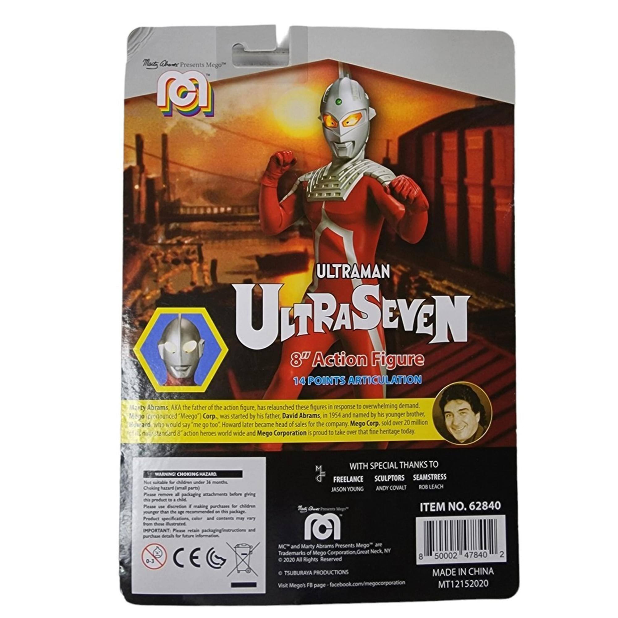 Thane Presents Mego ULTRAMAN ULTRASEVEN 8" Action Figure 14 POINTS ARTICULATION

Abrams AKA the father of the action figure has relaunched these figures in response to overwhelming demand. Mego" Corp. was started by his father David Abrams in 1954 and named by his younger brother "I could me too" Howard. Later became head of sales for the company. Mego Corp sold over 20 million "Say go aard E" action heroes worldwide and Mego Corporation is proud to take over that fine heritage today.

WITH SPECIAL THANKS TO FREELANCE SCULPTORS SEAMSTRESS
JASON YOUNG ANDY COVATL BOB LEACH

ITEM NO. 62840

Mego Corporation
Great Neck NY
Trademark Mego 50002 47840 2 2020
All Rights Reserved

8 TSUBURAYA PRODUCTIONS
MADE IN CHINA

Visit Mego's Facebook page MT12152020