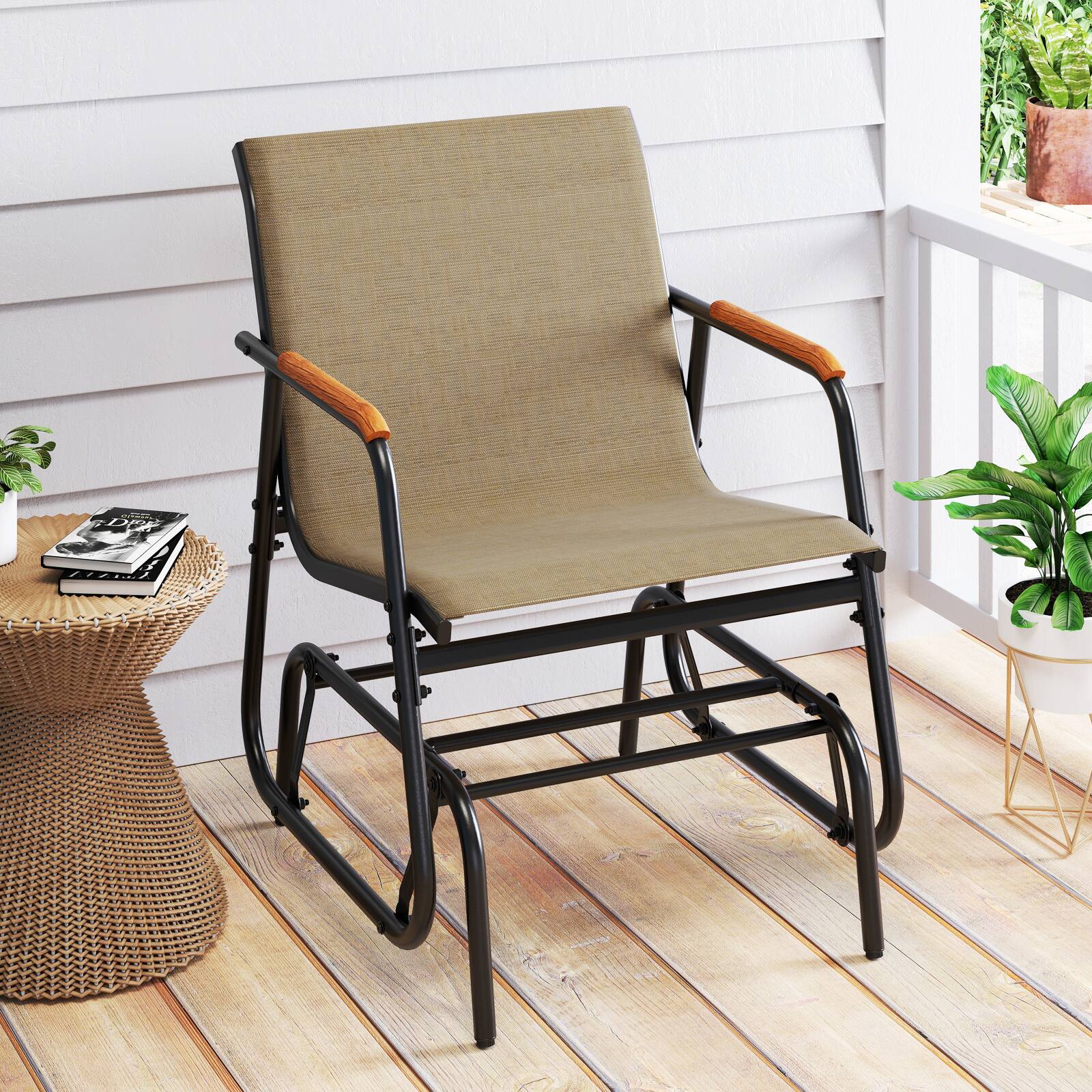 Alt View 1. Gymax - Gymax Patio Glider Chair w/ Curved Teak Armrests & Breathable Fabric Seat Outdoor - Black, Brown.
