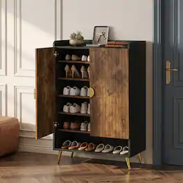 Costway - 44" 7-Tier Tall Shoe Storage Cabinet with Doors, Adjustable Shelves & Metal Legs - Rustic Brown + Black