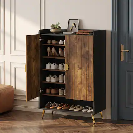Front. Costway - Costway 44" 7-Tier Tall Shoe Storage Cabinet with Doors, Adjustable Shelves & Metal Legs - Rustic Brown + Black.