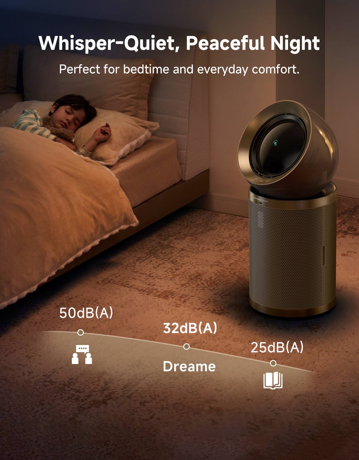 Whisper-Quiet, Peaceful Night  
Perfect for bedtime and everyday comfort.  

50dB(A)  
32dB(A) Dreame  
25dB(A)
