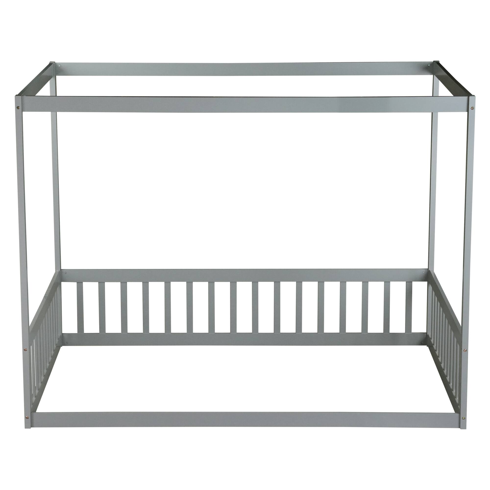 Alt View 1. GOODSILO - Full Size Canopy Frame Floor Bed with Safety Guardrails - Grey.