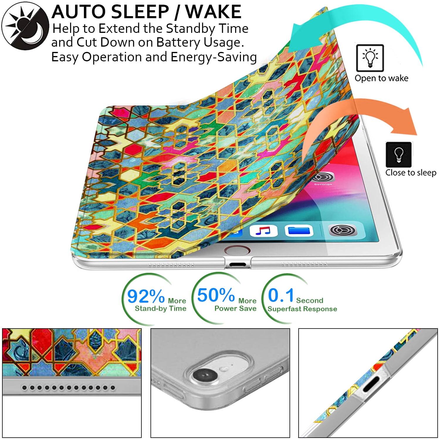 AUTO SLEEP / WAKE  
Help to Extend the Standby Time and Cut Down on Battery Usage.  
Easy Operation and Energy-Saving  

Open to wake  
Close to sleep  

92% More Stand-by Time  
50% More Power Save  
0.1 Second Superfast Response