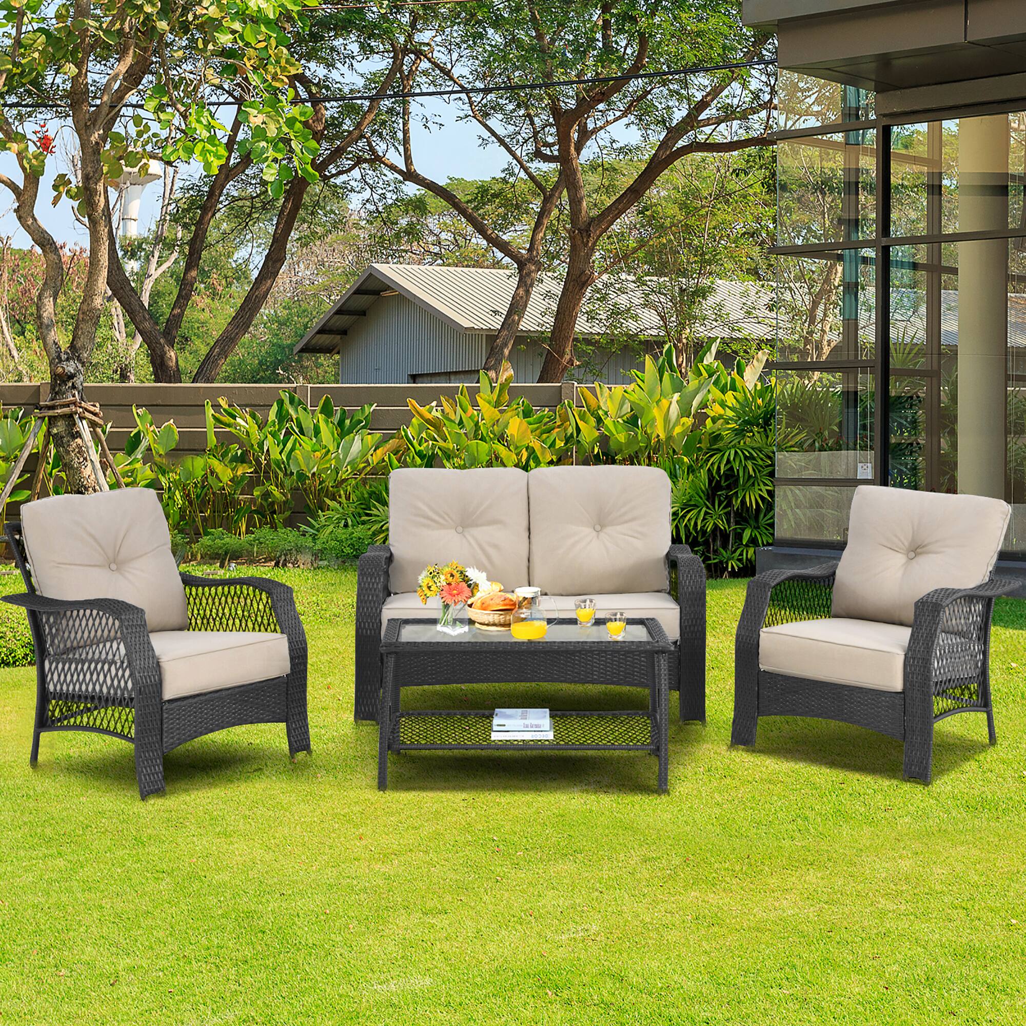 Alt View 1. Costway - Costway 4PCS Patio Wicker Furniture Set Loveseat Sofa Coffee Table W/ Cushion - Beige.