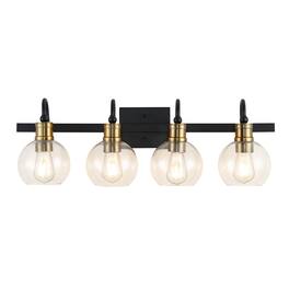 Jonathan Y - Marais 29.75" 4-Light Iron/Glass Rustic Vintage LED Vanity Light - Black/Brass Gold