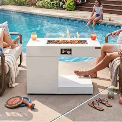 Front. Famapy - 40000 BTU Faux Stone Propane Fire Pit Table with Hidden Tank Holder, Auto-Ignition, 5mm Wind Guard Outdoor Patio Heater - White.