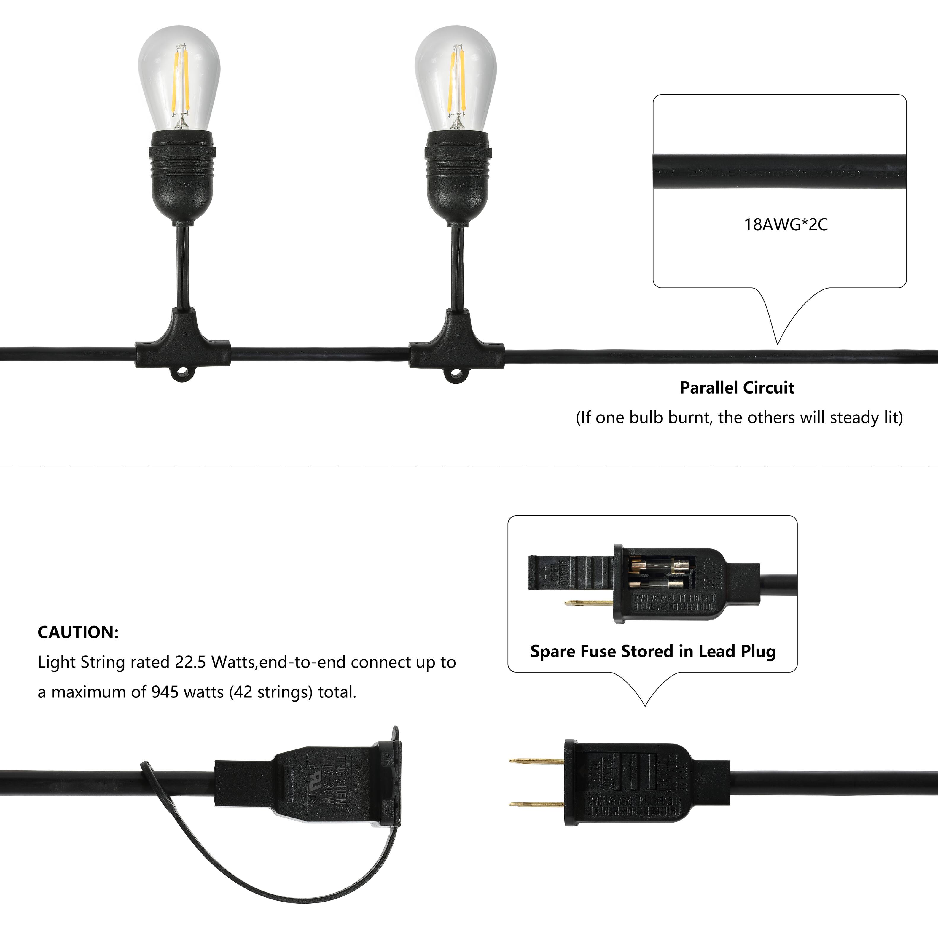 18AWG*2C Parallel Circuit (If one bulb burnt, the others will steady lit)  
CAUTION: Light String rated 22.5 Watts, end-to-end connect up to a maximum of 945 watts (42 strings) total.  
Spare Fuse Stored in Lead Plug