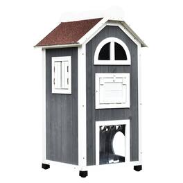 Pawhut - 43"H Wooden Outdoor Cat House with Hammock, Weatherproof 3-Floor Feral Shelter, Escape Doors, Asphalt Roof