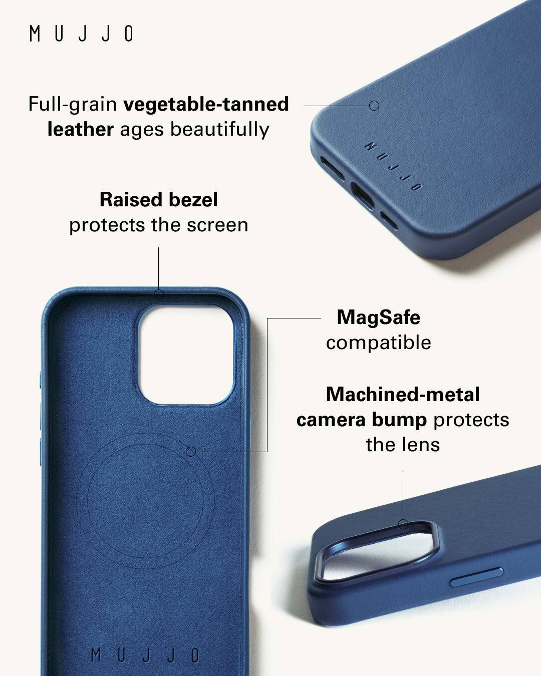 Mujjo is a brand that offers a full-grain vegetable-tanned leather case for the iPhone. The leather ages beautifully and the raised bezel protects the screen. The case is also MagSafe compatible, making it easy to attach and detach from the phone. Additionally, the machined-metal camera bump protects the lens, ensuring the phone's camera remains safe and functional.