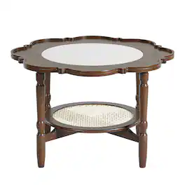 Ecooso - Mid-Century Coffee Table with Petal Shape, Crackle Glass Top, 2-Tier Rattan Storage, 31.5" - Walnut