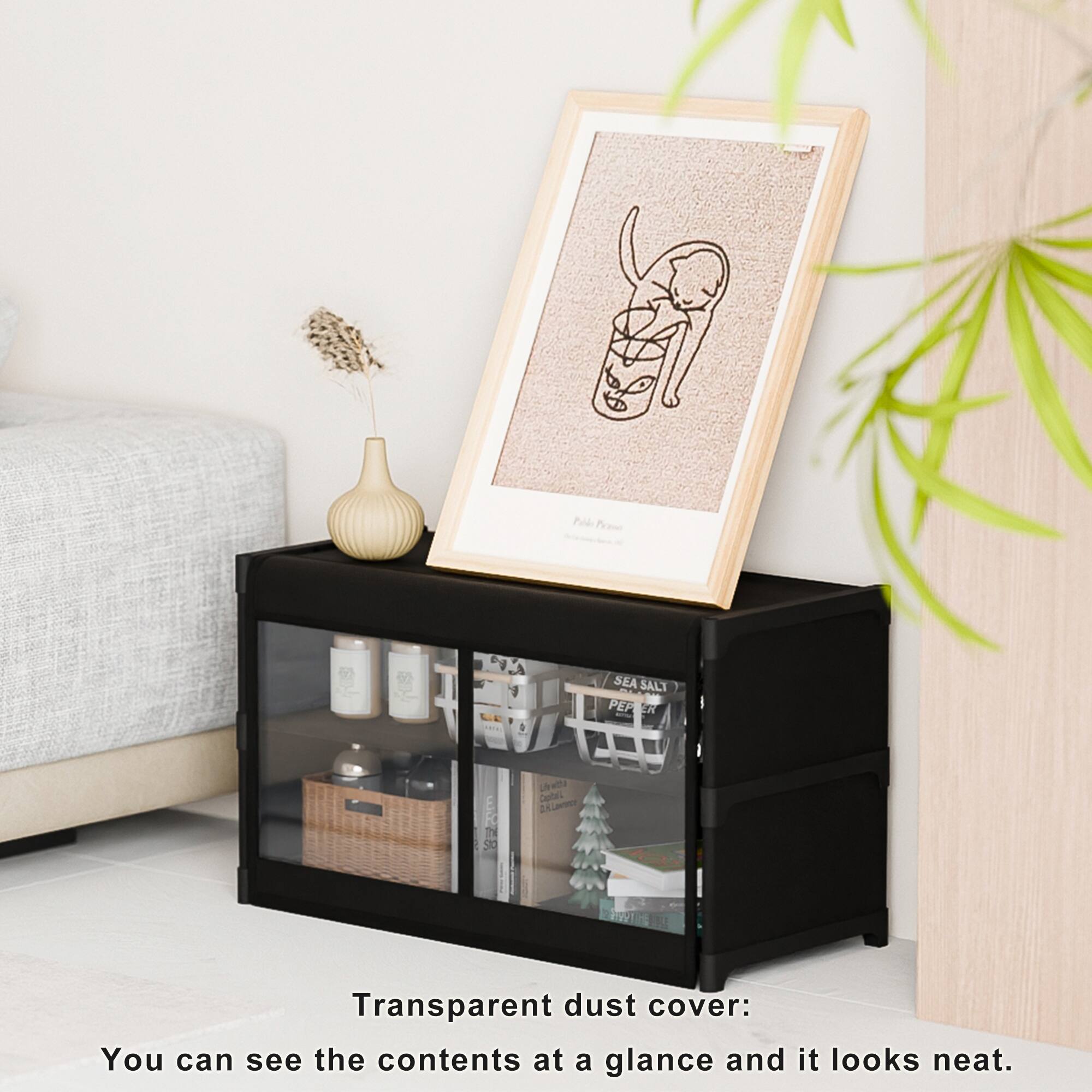 Transparent dust cover:  
You can see the contents at a glance and it looks neat.