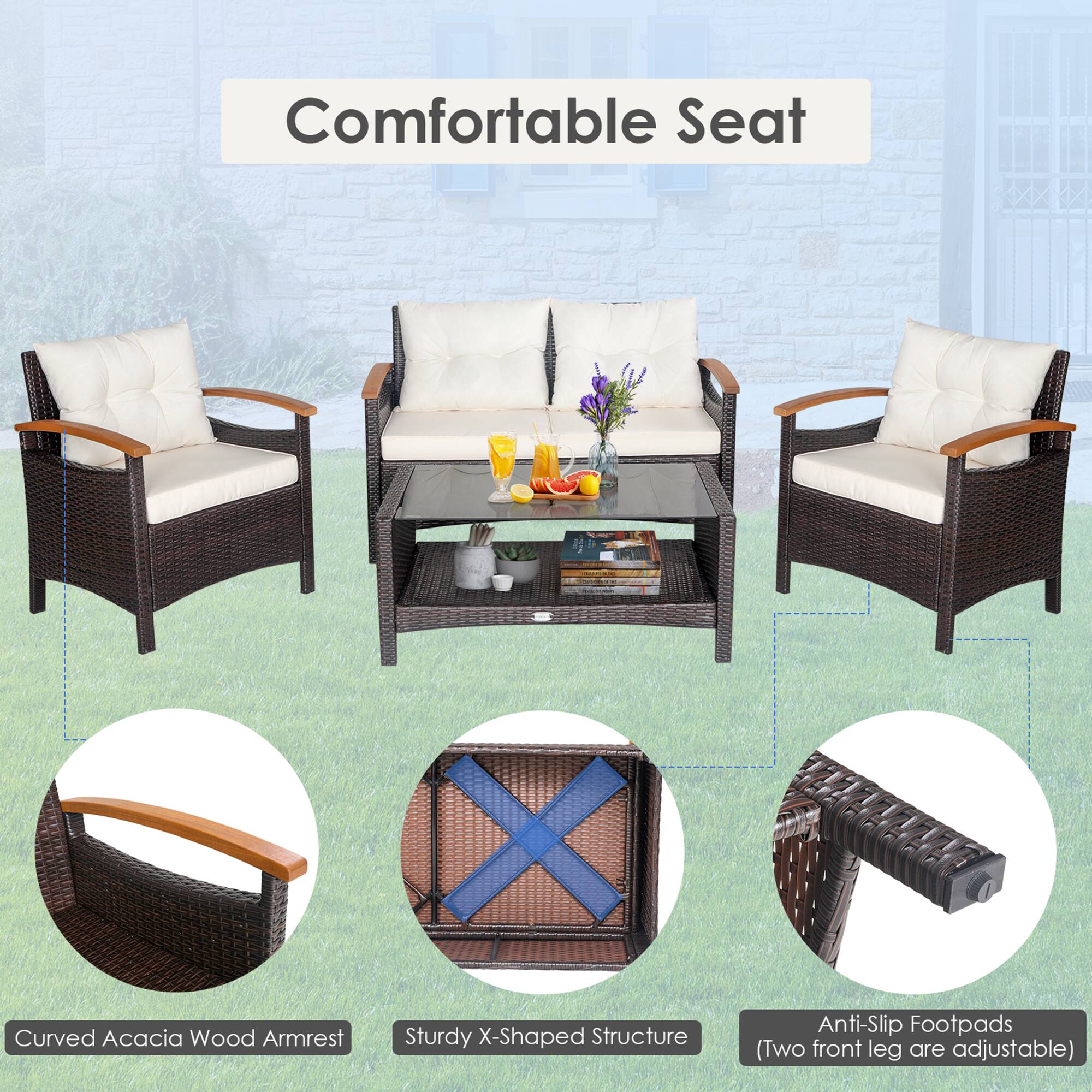 Comfortable Seat
Curved Acacia Wood Armrest
Sturdy X-Shaped Structure
Anti-Slip Footpads (Two front leg are adjustable)