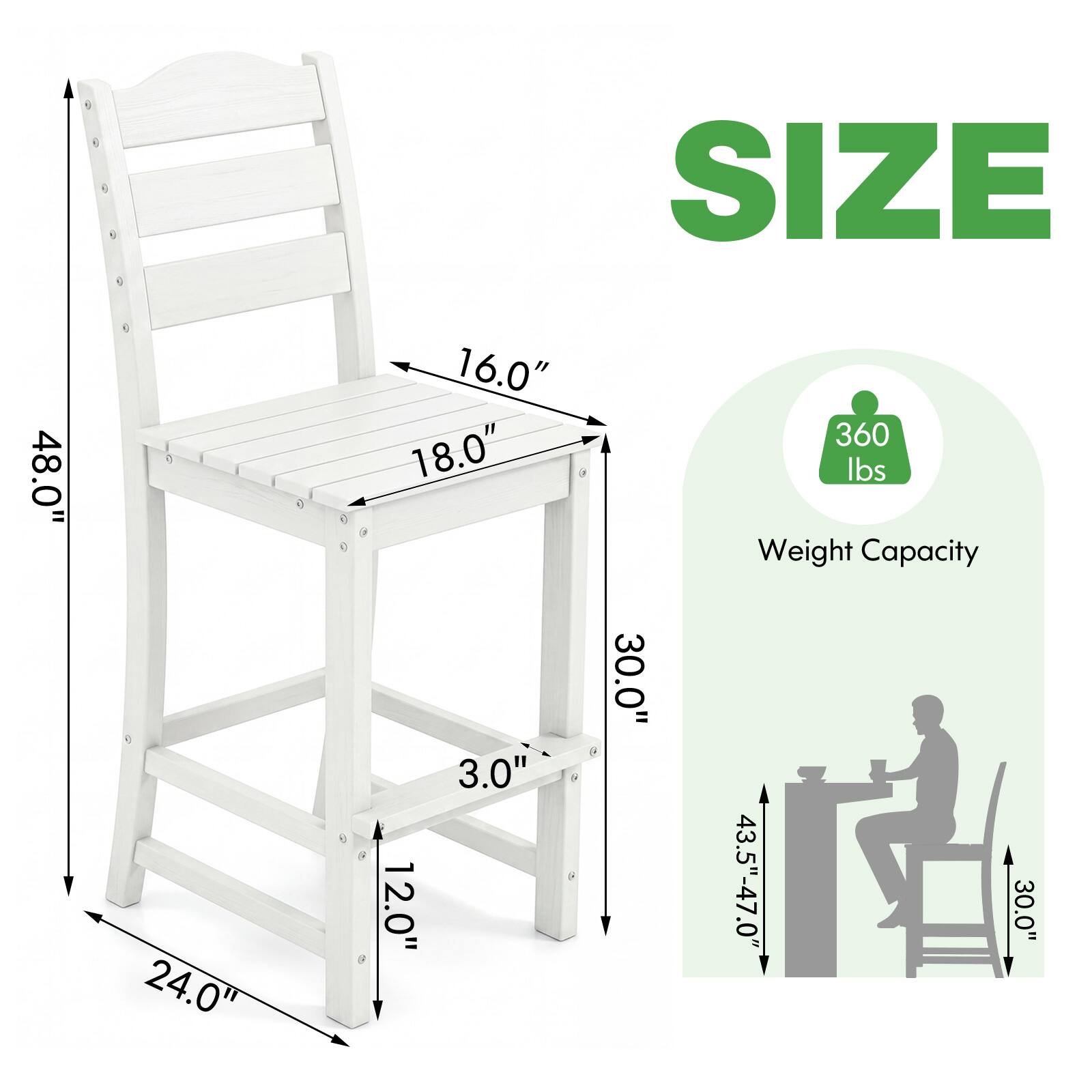SIZE  
48.0" x 16.0" x 18.0"  
360 lbs Weight Capacity  
24.0" x 12.0" x 3.0"  
30.0"  
43.5"-47.0"  
30.0"