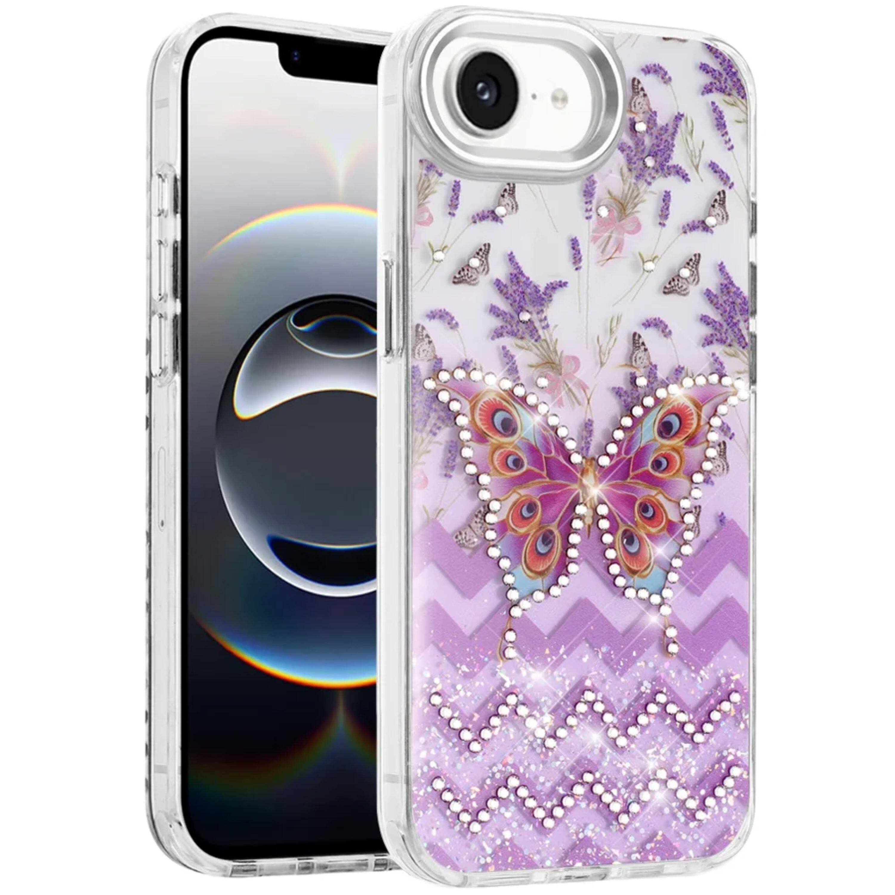Left. Kitcheniva - Elegant Epoxy Crystal Jewel Decorative Case With Tempered Glass For iPhone 16e/17e B - Multicolor.