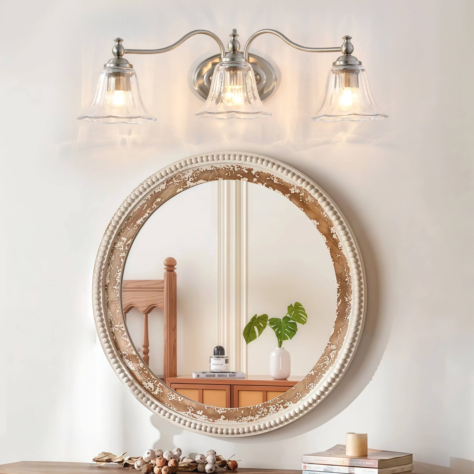 Alt View 2. RYHNUYNE - 3-Light Bathroom Vanity Light Fixture,Brushed Nickel Vanity Lighting ,Farmhouse Wall Mount Lighting Over Mirror - Brushed Nickel.