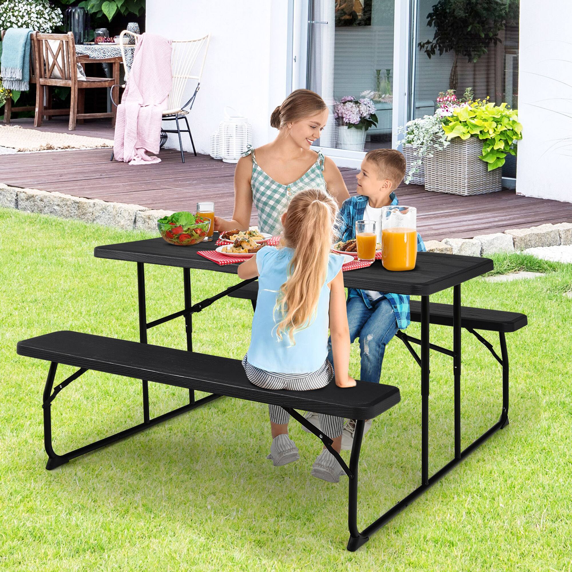 Alt View 4. Gymax - Gymax Folding Picnic Table & Bench Set for Camping BBQ w/ Steel Frame Black - Black.