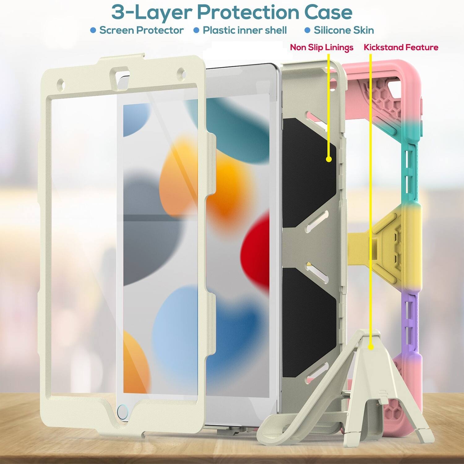 The text on the image is already grouped and correctly written. It reads: "3-Layer Protection Case Screen Protector Plastic inner shell Silicone Skin Non Slip Linings Kickstand Feature."