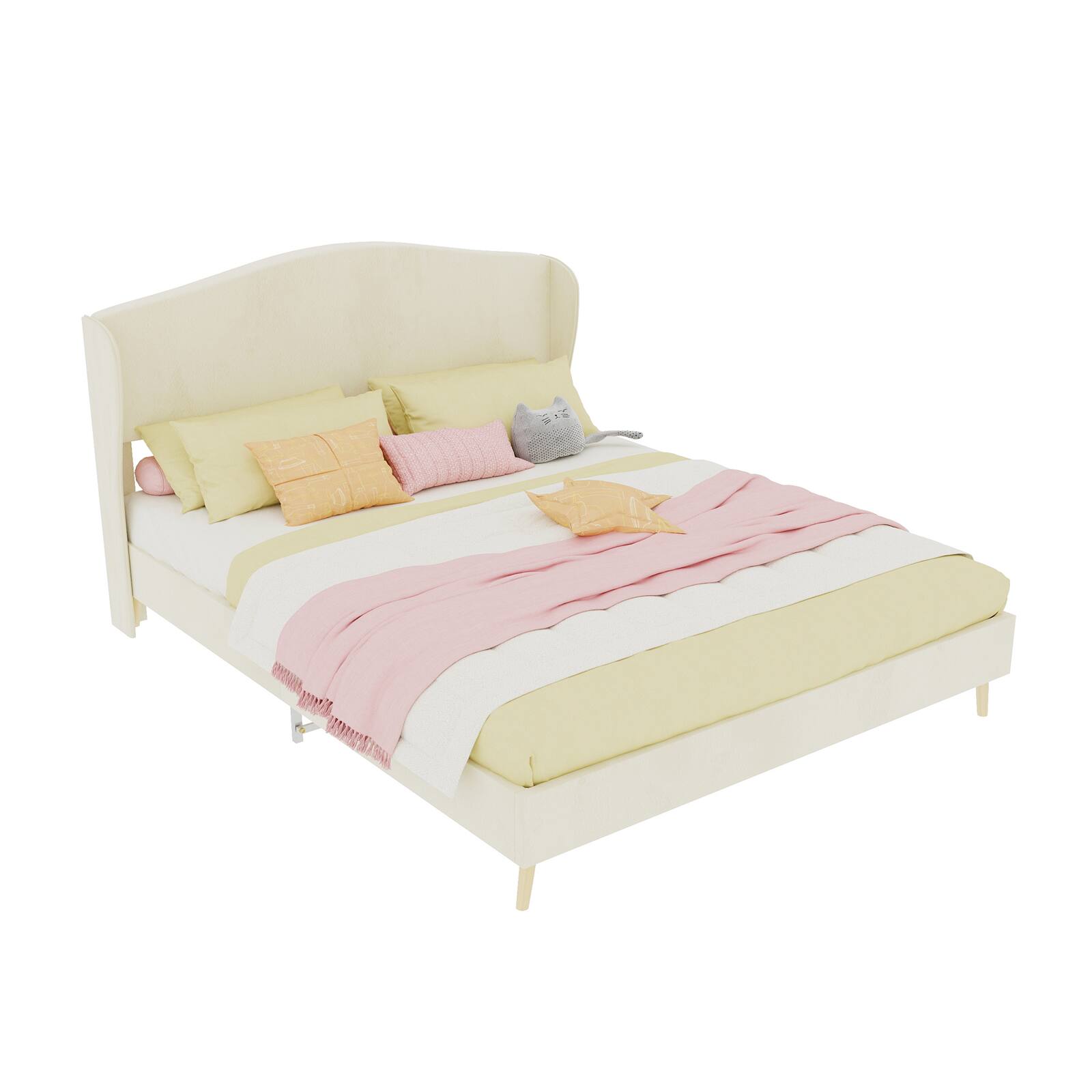 Alt View 7. Loheer - Loheer Beige Velvet Upholstered Queen Bed Frame Sturdy Luxury Bedroom Furniture - Beige.
