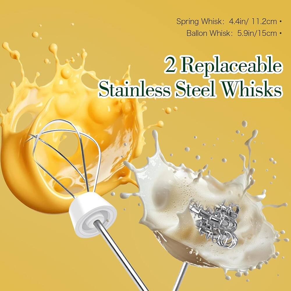 Spring Whisk: 4.4in / 11.2cm  
Ballon Whisk: 5.9in / 15cm  

2 Replaceable Stainless Steel Whisks