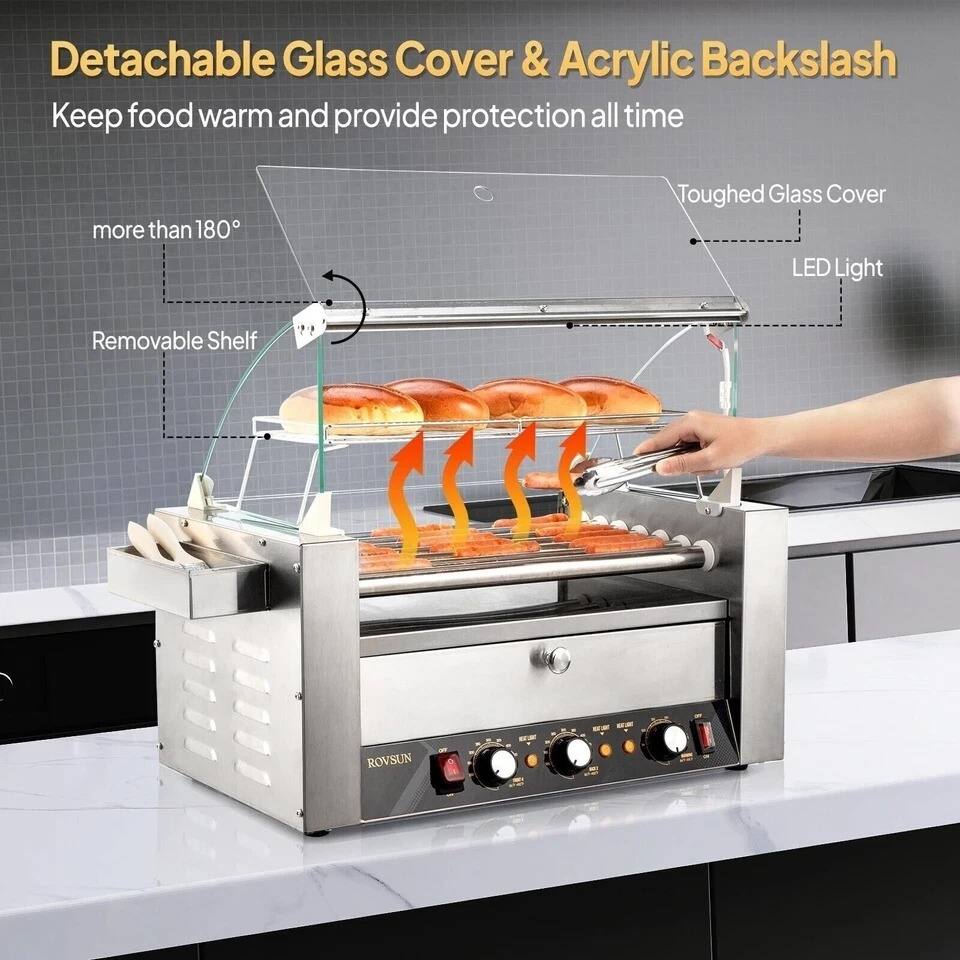 Detachable Glass Cover & Acrylic Backslash  
Keep food warm and provide protection all time  

- more than 180°  
- Removable Shelf  
- Toughed Glass Cover  
- LED Light  

ROVSUN