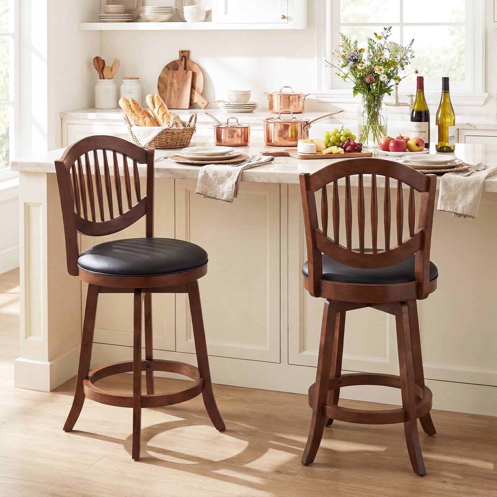 Alt View 1. Costway - Costway Swivel Bar Stools Set of 4, 25" Counter Height Barstools with Backrest & Wood Frame - Brown.