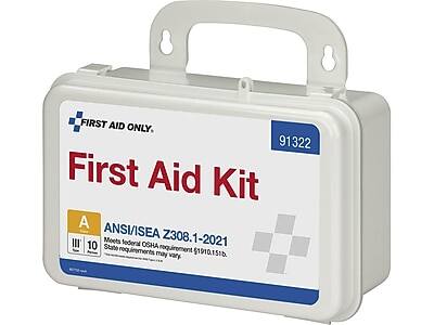 FIRST AID ONLY.

91322 First Aid Kit

ANSI/ISEA Z308.1-2021
Meets federal OSHA requirement 29 CFR 1910.151(b).
State requirements may vary.

A
III
10