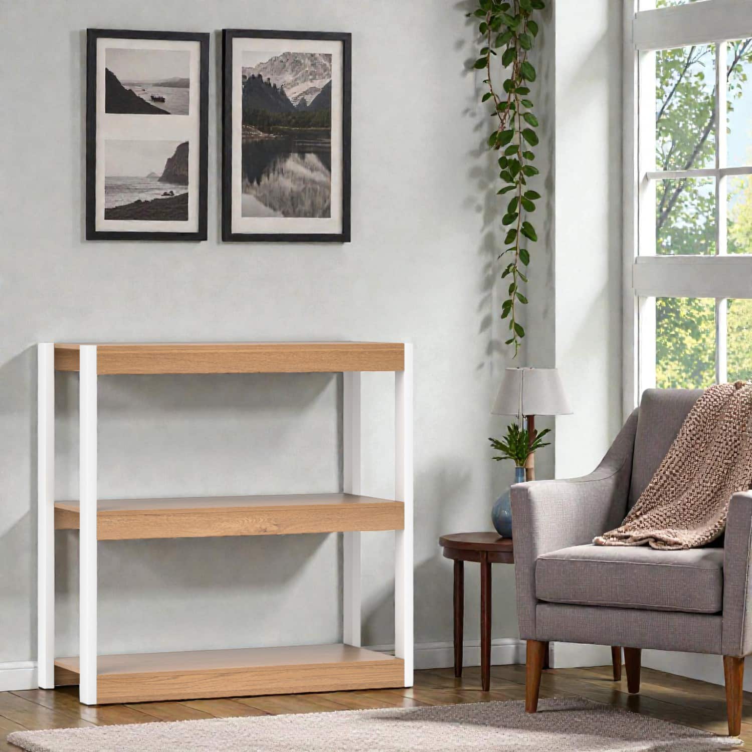 Hivvago - Classic Wooden 3-Layer Bookcase with Wall Safety Straps and Open Shelving - Natural