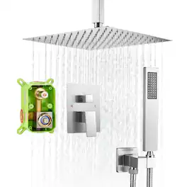 Glintex - Shower Faucet Set, 12 in Square Rain Shower System with Handheld, Ceiling Mount Shower Valve and Trim Kit - Brushed Nickel