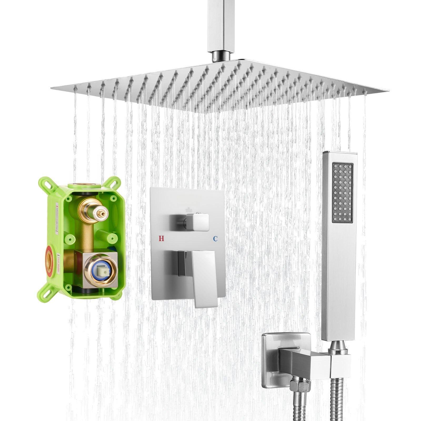 Front. Glintex - Shower Faucet Set, 12 in Square Rain Shower System with Handheld, Ceiling Mount Shower Valve and Trim Kit - Brushed Nickel.