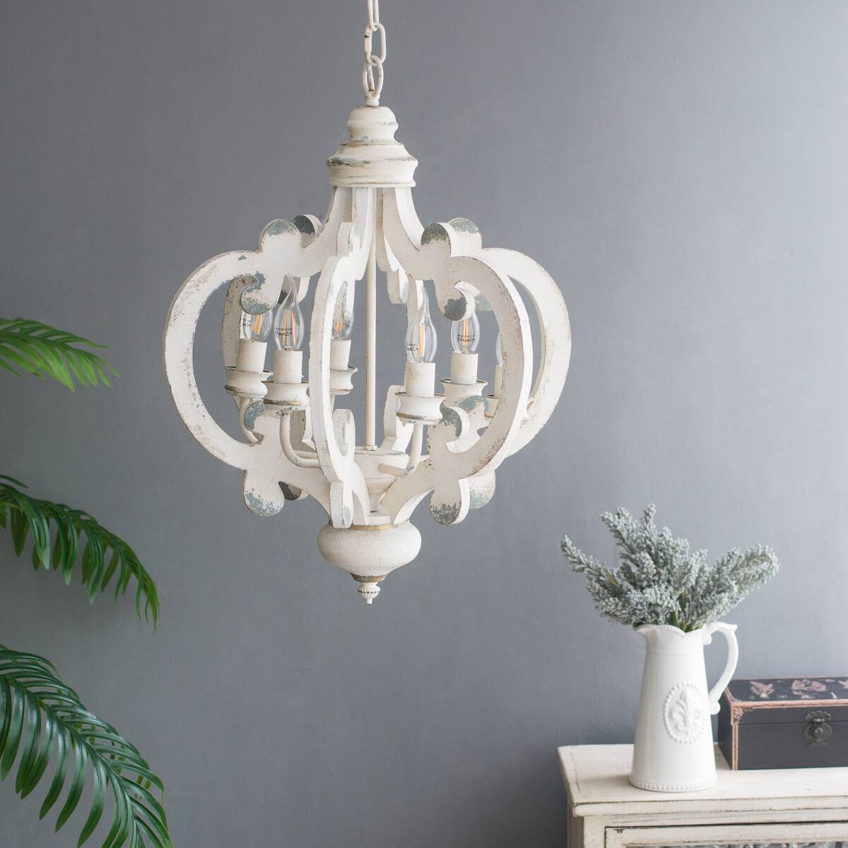 Alt View 7. Loheer - Loheer French Country Chandelier, Six Light Whitewashed Wood Fixture with Adjustable Chain.