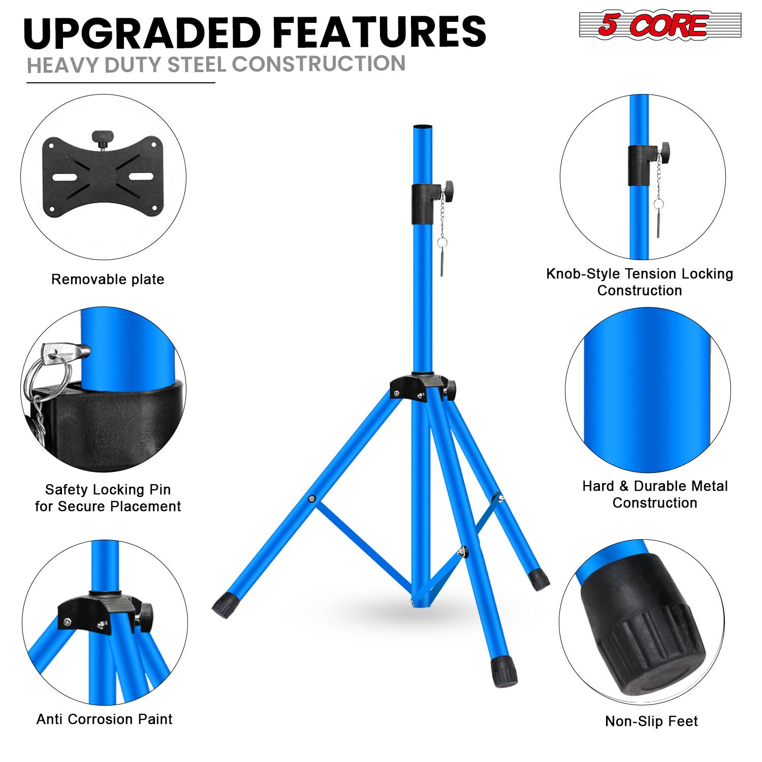 UPGRADED FEATURES  
HEAVY DUTY STEEL CONSTRUCTION  

- Removable plate  
- Knob-Style Tension Locking Construction  
- Safety Locking Pin for Secure Placement  
- Hard & Durable Metal Construction  
- Anti Corrosion Paint  
- Non-Slip Feet  

5 CORE