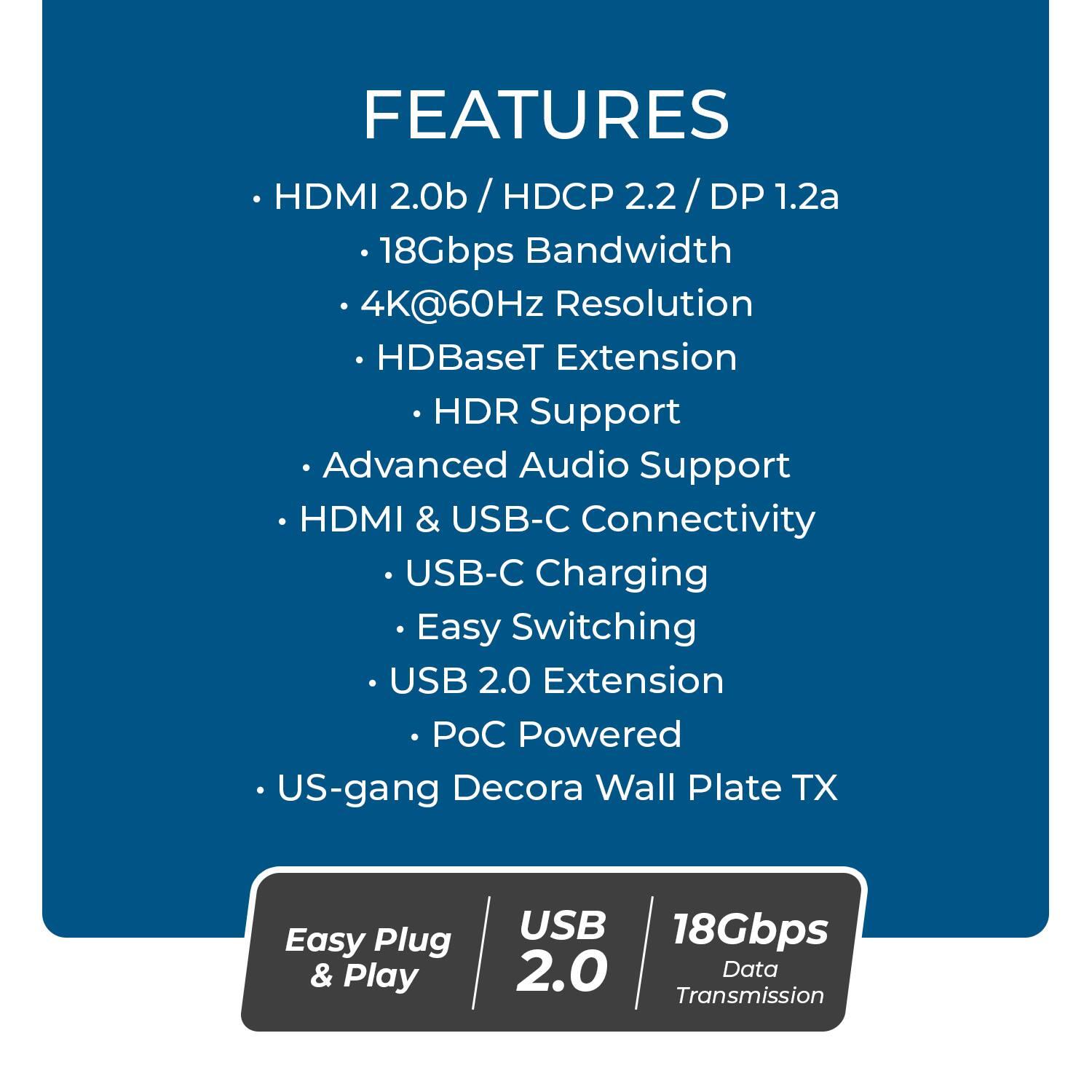 FEATURES  
- HDMI 2.0b / HDCP 2.2 / DP 1.2a  
- 18Gbps Bandwidth  
- 4K@60Hz Resolution  
- HDBaseT Extension  
- HDR Support  
- Advanced Audio Support  
- HDMI & USB-C Connectivity  
- USB-C Charging  
- Easy Switching  
- USB 2.0 Extension  
- PoC Powered  
- US-gang Decora Wall Plate TX  

Easy Plug & Play  
USB 2.0  
18Gbps Data Transmission