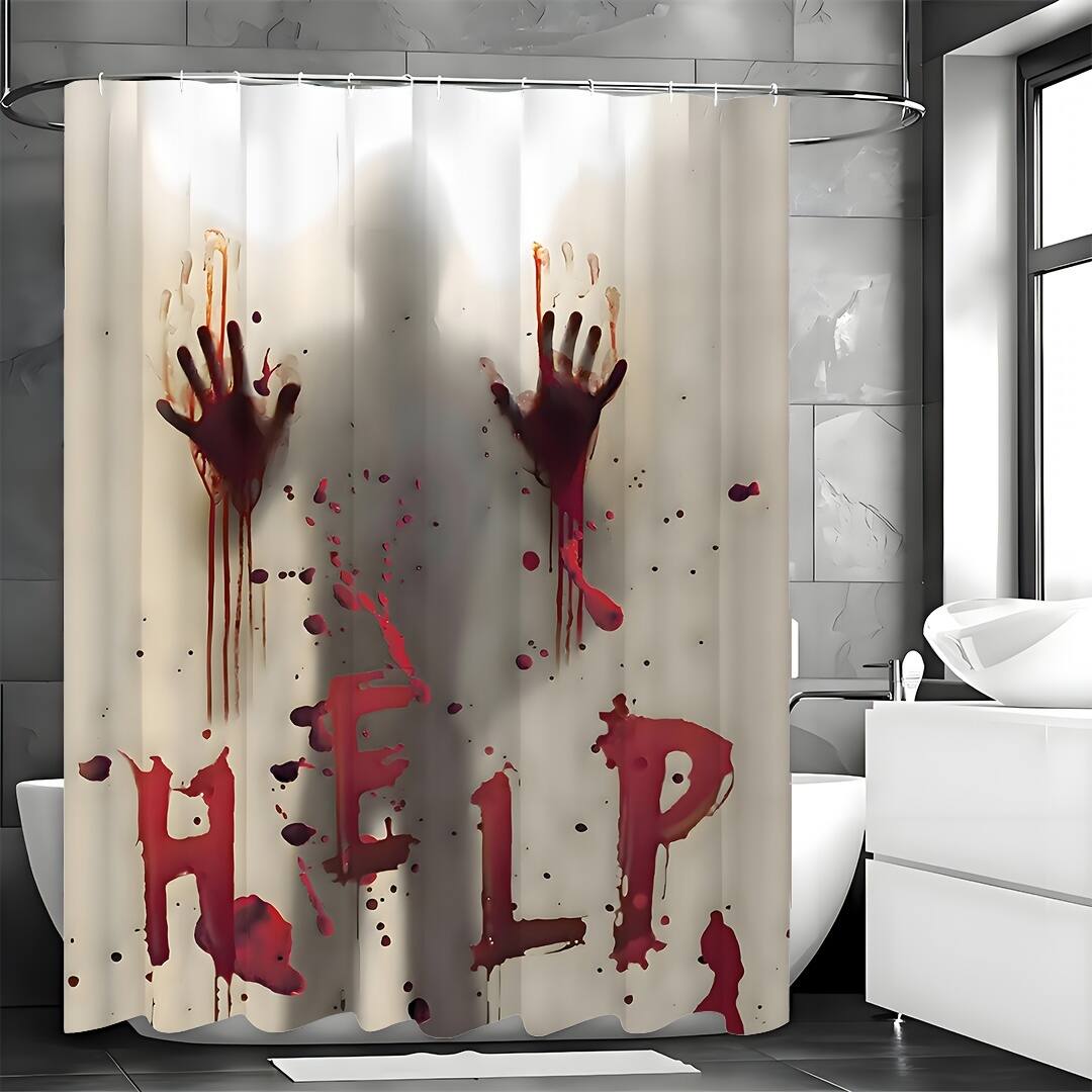 Front. blue - Halloween Shower Curtain Liner Window Curtains, Help Me with Bloodys Hands for Halloween Decorations - red180.